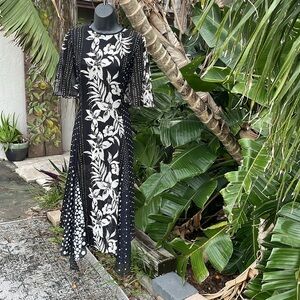 Terri, John, dark floral and polkadot semi sheer handkerchief hem dress